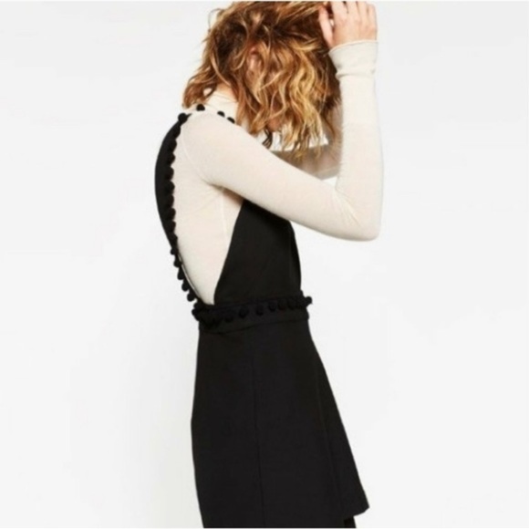 NWT Zara Black Pinafore Mini Dress w/Pompom Trim - Picture 4 of 14